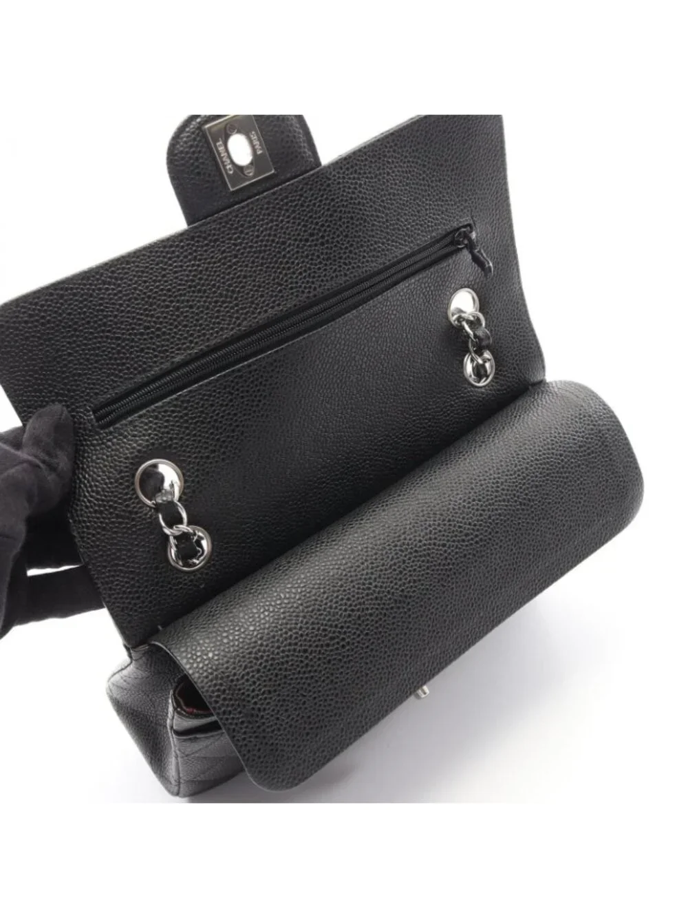 Chanel Shoulder Bag Quilted Double Flap Black Caviar Leather Chain